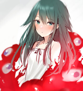 1girl blush breasts camisole green_eyes green_hair hair_between_eyes hair_flaps long_hair looking_at_viewer myaku-myaku saya_(saya_no_uta) saya_no_uta small_breasts swept_bangs white_background white_camisole yuyu_(yuyuworks)