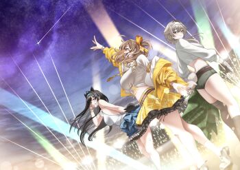 3girls absurdres ahoge anis_(nikke) anis_(star)_(t.t._star)_(nikke) aqua_headband arm_up ass bare_shoulders black_hair black_socks blue_eyes blue_skirt blush breasts brown_hair cat_ornament closed_mouth clothing_cutout commentary_request concert fish_hair_ornament gloves goddess_of_victory:_nikke green_shorts grey_hair grin hair_ornament hairband headband headset highres idol jacket jewelry kuremon large_breasts long_hair midriff mint_(nikke) multiple_girls necktie official_alternate_costume open_mouth plaid_clothes plaid_necktie prika_(nikke) shirt shooting_star short_hair shorts single_thighhigh skirt sky sleeveless smile socks star_(sky) starry_sky t.t._star_(nikke) teeth thighhighs torn_clothes torn_thighhighs white_headband white_shirt yellow_jacket yellow_necktie yellow_skirt