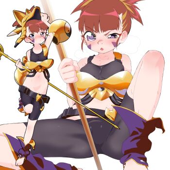 1girl absurdres adapted_costume armor barefoot belt blush breastplate breasts brown_hair cosplay digimon digimon_tamers facepaint facial_mark fox_mask gerusyu gold_armor highres leg_up looking_at_viewer looking_to_the_side loose_belt loose_clothes lowleg lowleg_shorts makino_ruki mask midriff multiple_views navel purple_eyes sakuyamon sakuyamon_(cosplay) shorts shoulder_armor sitting small_breasts sports_bra staff sweat white_background yin_yang