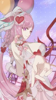 1girl ;) balloon beret blue_sky breasts commentary_request diamond-shaped_pupils diamond_(shape) dress elysia_(hi_love_elf)_(honkai_impact) elysia_(honkai_impact) ferris_wheel gloves hat highres holding holding_balloon honkai_(series) honkai_impact_3rd large_breasts long_hair nzg_09 one_eye_closed pink_hair purple_eyes reaching reaching_towards_viewer single_glove sky smile solo symbol-shaped_pupils very_long_hair white_dress white_gloves