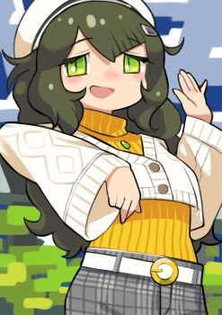 1girl absurdres belt black_hair cardigan green_eyes grey_pants hair_ornament hairpin hat highres jewelry kemono_friends long_hair looking_at_viewer necklace orange_sweater outdoors pants rinx sagojo_(kemono_friends) simple_background solo sweater white_cardigan white_hat