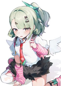 1girl arm_support arm_warmers bandaid bandaid_hair_ornament black_skirt blush bow breasts chiiiiii1129 chinatsu_remiel commentary_request fur-trimmed_skirt fur_trim green_bow green_hair hair_intakes hair_ornament heart heart_hair_ornament leg_warmers looking_at_viewer multiple_hair_clips necktie open_mouth pink_arm_warmers pink_bag pink_leg_warmers pink_shoes polka_dot polka_dot_bow red_necktie shirt shoes simple_background skirt small_breasts solo striped_arm_warmers striped_leg_warmers white_background white_shirt white_wings winged_bag wings zenless_zone_zero