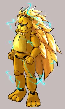 1boy absurdres animatronic atlaszoidac blonde_hair dragon_ball dragonball_z electricity five_nights_at_freddy's full_body gold_bowtie golden_freddy grey_background highres long_hair simple_background solo standing super_saiyan super_saiyan_3 very_long_hair