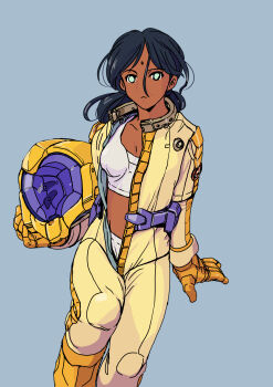 artist_request bindi black_hair bodysuit dark-skinned_female dark_skin female_focus green_eyes gundam unworn_headwear helmet unworn_helmet highres lalah_sune mobile_suit_gundam pilot_suit solo unzipped_bodysuit