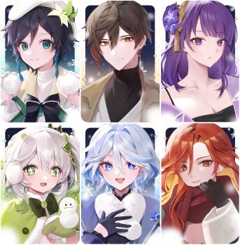 2boys 4girls absurdres alternate_costume black_gloves blonde_hair blue_eyes blue_hair breasts cleavage closed_mouth cross-shaped_pupils drop-shaped_pupils emduck furina_(genshin_impact) genshin_impact gloves gradient_hair green_eyes green_hair green_mittens grey_hair hair_between_eyes hair_ornament half_gloves heterochromia highres long_hair looking_at_viewer mavuika_(genshin_impact) mittens multicolored_hair multiple_boys multiple_girls nahida_(genshin_impact) open_clothes open_mouth parted_lips purple_eyes purple_hair raiden_shogun red_eyes smile symbol-shaped_pupils upper_body venti_(genshin_impact) winter_clothes zhongli_(genshin_impact)