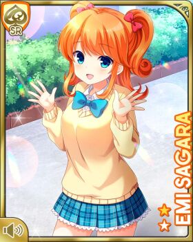 1girl :d blue_bow blue_eyes blue_skirt bow card_(medium) character_name day girlfriend_(kari) hair_behind_ear hair_ribbon hands_up looking_at_viewer official_art open_mouth orange_hair outdoors park plaid_clothes plaid_skirt qp:flapper red_bow ribbon sagara_emi school_uniform shirt shoes skirt smile standing sweater tagme thighhighs two_side_up white_shirt yellow_sweater
