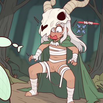 1girl aged_down bandages cape casytay cleft_of_venus dark-skinned_female dark_skin flat_chest green_cape grey_hair highres loli long_hair open_mouth pussy skull_on_head slay_the_spire slay_the_spire_2 spread_legs the_silent_(slay_the_spire) toes uncensored user_interface