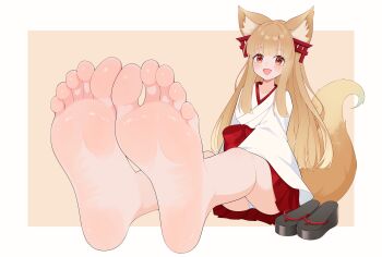 1girl absurdres animal_ears barefoot blush brown_eyes brown_hair feet fox_ears fox_tail geta highres japanese_clothes long_hair looking_at_viewer miko open_mouth oshiro_project:re panties pantyshot senko_(oshiro_project) shoes soles tail toes underwear unworn_shoes wl217_(nicexa111)