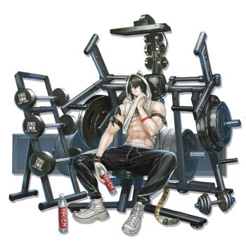 Rule 34 | 1boy, abs, animal ears, arknights, arm tattoo, bara, black hair, black pants, bottle, broca (arknights), broca (rest between sets) (arknights), clothes lift, dumbbell, exercising, full body, gym, highres, holding, holding bottle, hood, hood up, hoodie, infection monitor (arknights), infukun, lifting own clothes, looking at viewer, male focus, muscular, muscular male, navel, official alternate costume, official art, pants, pectorals, shirt lift, shoes, short hair, sitting, sleeveless, sleeveless hoodie, sneakers, solo, tail, tail ornament, tail ring, tattoo, tiger boy, tiger ears, tiger tail, transparent background, water bottle, weightlifting, weights