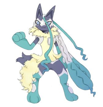 1other animal_ears black_fur blue_eyes blue_fur body_fur closed_mouth commentary_request fang full_body furry gen_4_pokemon highres looking_at_viewer lucario mega_lucario_z mega_pokemon multicolored_fur nintendo other_focus pokemon pokemon_(creature) pokemon_focus s8iyt simple_background skin_fang solo tail white_background yellow_fur