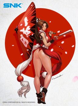 1girl ass bare_shoulders breasts brown_hair falling_petals fatal_fury hand_fan hiroaki_(kof) large_breasts looking_at_viewer official_art one_eye_closed parasol pelvic_curtain petals ponytail shiranui_mai sideboob sleeveless the_king_of_fighters thong umbrella wink