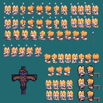 1boy 6+girls animal_ears bench blonde_hair brown_skirt brown_vest chibi closed_eyes commentary_request cookie_(touhou) cross crucifixion dark-skinned_male dark_skin fox_ears fox_girl fox_tail full_body highres looking_at_another manatsu_no_yo_no_inmu miramikaru_riran multiple_girls multiple_persona open_mouth pixel_art polearm red_eyes shirt short_hair short_sleeves skirt smile spear sprite_sheet sunglasses tail tail_wagging takuya_(acceed) tonchamon_san vest weapon white_shirt