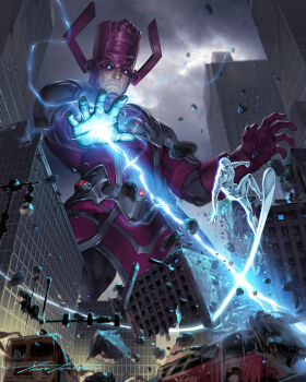 2boys armor black_sclera blue_eyes building bus car city cloud cloudy_sky colored_sclera comic_cover commentary destruction energy_beam english_commentary fake_horns fantastic_four fighting galactus giant gloves grey_sky helmet highres horned_helmet horns lamppost male_focus marvel motor_vehicle multiple_boys muscular muscular_male official_art pink_gloves purple_armor purple_helmet silver_skin silver_surfer sky sky_surfing skyscraper surfing yoon_junggeun