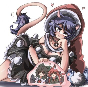 animal_ears baku_(creature) bird_wings black_hair black_wings blob bow braid breasts cat_ears cat_tail cleavage closed_eyes doremy_sweet dream_soul dress eye20806972 green_bow green_dress hair_bow hat heart highres kaenbyou_rin lying medium_breasts multicolored_dress multiple_tails nekomata nightcap pillow pom_pom_(clothes) purple_hair red_hair red_hat reiuji_utsuho smile tail tapir tapir_ears tapir_tail third_eye third_eye_on_chest touhou twin_braids two_tails wings