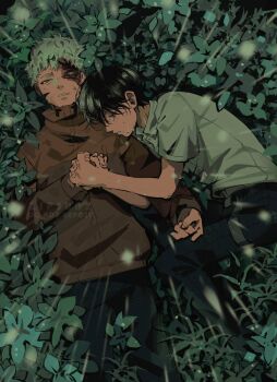 2boys belt black_belt black_hair black_pants blood blood_on_face blue_eyes collared_shirt dirty from_above highres hikaru_ga_shinda_natsu holding_hands indou_hikaru long_sleeves lying male_focus mole mole_on_cheek mole_under_mouth multiple_boys multiple_moles on_back on_ground on_side pants plant rain shirt shirt_tucked_in short_hair short_sleeves teeth tsujinaka_yoshiki white_hair white_shirt zipsunz