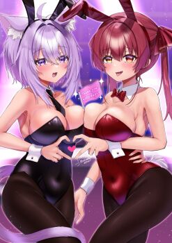 Rule 34 | :3, ahoge, alternate costume, animal ear fluff, animal ears, black leotard, black pantyhose, blurry, blurry background, breasts, cat ears, cat girl, cat tail, commentary request, covered navel, cowboy shot, english text, fake animal ears, fang, hair intakes, heart, heart hands, heart hands duo, heterochromia, highres, hololive, houshou marine, large breasts, leotard, long hair, medium hair, mini flag, nekomata okayu, open mouth, pantyhose, playboy bunny, purple eyes, purple hair, purple tail, rabbit ears, red eyes, red hair, red leotard, strapless, strapless leotard, tail, thank you, toketa neko, tongue, tongue out, torso grab, twintails, virtual youtuber, yellow eyes