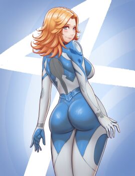 1girl ass blonde_hair blue_bodysuit blue_eyes bodysuit breasts carrion_art highres large_breasts long_hair looking_at_viewer marvel marvel_rivals multicolored_bodysuit solo sue_storm two-tone_bodysuit white_bodysuit