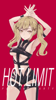 1girl armlet arms_up bang_dream! bilingual_commentary blush breasts brown_eyes brown_hair commentary hair_ornament highres hot_limit ichigaya_arisa jewelry large_breasts long_hair mihaya_(mihaya1818) mixed-language_commentary open_mouth red_background simple_background solo twintails underboob x_hair_ornament