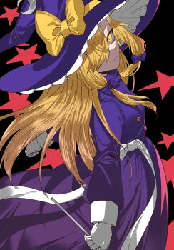 1girl absurdres blonde_hair bow commentary dress gloves grey_nagato hair_bow hair_over_one_eye hat hat_bow highres kirisame_marisa kirisame_marisa_(pc-98) long_hair purple_bow purple_dress purple_hat solo star_(symbol) touhou touhou_(pc-98) white_gloves yellow_bow yellow_eyes