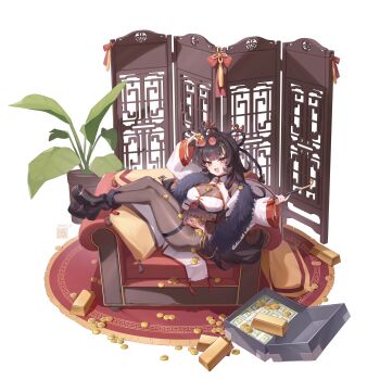 1girl absurdres between_breasts black_bridal_gauntlets black_hair black_nails black_pantyhose black_shirt blunt_bangs braid breasts bridal_gauntlets cleavage coin commentary couch eyewear_on_head fingernails folding_screen gold_bar gold_coin hand_up hashtag-only_commentary highres holding holding_coin holding_smoking_pipe large_breasts long_hair long_sleeves nail_polish open_mouth original pantyhose plant potted_plant red-tinted_eyewear see-through_cleavage see-through_clothes shirt smoking_pipe solo taiyaki12 tassel thigh_strap tinted_eyewear very_long_hair yellow-framed_eyewear yellow_eyes