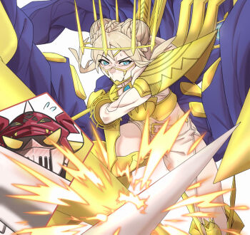 Rule 34 | > <, 1boy, 1girl, armor, battle, belt, blonde hair, blue coat, blue eyes, blush, boobplate, braid, braided bun, breastplate, breasts, cleavage, clothing cutout, coat, commentary request, commission, crown, digimon, digimon (creature), double blade, double bun, duel, dukemon, flying sweatdrops, gauntlets, gold armor, gold crown, hair bun, helmet, hood, hood down, hooded shrug, junomon, knight, lance, large breasts, looking at viewer, mask, midriff, mouth mask, navel, ninja mask, nose blush, pants, parted bangs, pixiv commission, polearm, pov, shrug (clothing), sidelocks, standing, sweat, taira (tairamon), teeth, thigh cutout, weapon, white armor, white belt, white mask, white pants, white shrug, yellow eyes