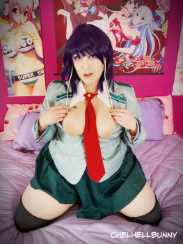 Rule 34 | 1girl, bed, boku no hero academia, breasts, chelhellbunny, cosplay, female focus, jiro kyoka (cosplay), jiro kyoka, nipples, photo (medium), pillow, school uniform, tagme