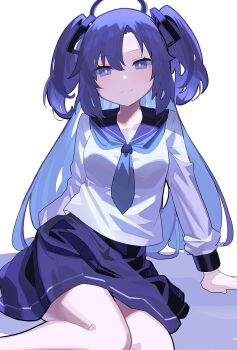 1girl blue_archive blue_eyes blue_hair blue_halo blue_neckerchief blue_sailor_collar blue_skirt breasts closed_mouth falken_(yutozin) hair_ornament halo highres light_smile long_hair long_sleeves neckerchief pleated_skirt sailor_collar shirt simple_background sitting skirt small_breasts solo two_side_up very_long_hair white_background white_shirt yokozuwari yuuka_(blue_archive)