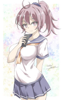 1girl aoba_(kancolle) blue_eyes blue_scrunchie blush breasts cellphone commentary_request gakky hair_ornament highres kantai_collection messy_hair neckerchief phone pink_hair ponytail purple_hair purple_sailor_collar purple_shorts sailor_collar school_uniform scrunchie serafuku short_hair shorts smartphone smile solo white_background yellow_background yellow_neckerchief