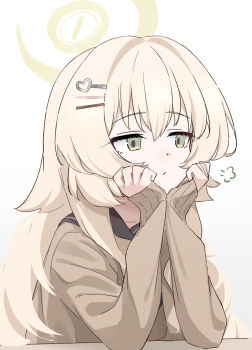 1girl blonde_hair blue_archive closed_mouth elbows_on_table green_eyes hair_ornament hairclip highres long_hair makura_u9b professor_niyaniya_(blue_archive) sleeves_past_wrists solo white_background