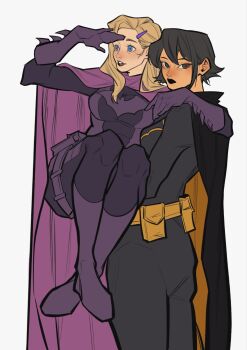 2girls arm_around_shoulder bat_ornament batgirl batman_(series) belt black_bodysuit black_cape black_hair black_lips blonde_hair blue_eyes bodysuit boots breasts brown_eyes cape carrying cassandra_cain closed_mouth cowboy_shot crossed_ankles dc_comics full_body gloves hair_ornament hairclip highres irispardom long_hair looking_at_viewer medium_breasts multiple_girls parted_lips princess_carry purple_boots purple_cape purple_gloves purple_lips shading_eyes short_hair stephanie_brown superhero_costume swept_bangs utility_belt white_background