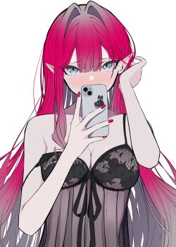 1girl absurdres baobhan_sith_(fate) blush breasts fate/grand_order fate_(series) grey_eyes hand_up highres holding holding_phone long_hair looking_at_viewer nightgown phone pink_hair pointy_ears sidelocks solo uriuriyukitti white_background