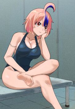1girl black_one-piece_swimsuit blue_streaks breasts brown_eyes dead_rock freyr_(dead_rock) gaston18 highres indoors large_breasts multicolored_hair one-piece_swimsuit pink_hair short_hair sitting soles solo streaked_hair swimsuit tile_floor tiles