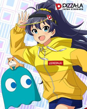 1girl black_hair blue_eyes card_(medium) english_text fang ganaha_hibiki ghost hamuzou hand_up idolmaster idolmaster_million_live! idolmaster_million_live!_theater_days inky_(pac-man) official_art open_mouth pac-man_(game) ponytail visor_cap zipper