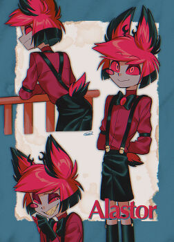 1boy :d absurdres aged_down alastor_(hazbin_hotel) animal_ears antlers black_hair black_shorts black_socks blue_border border buttons character_name child chromatic_aberration closed_mouth colored_sclera colored_skin colored_teeth colored_tips commentary_request cropped_legs deer_antlers deer_boy deer_ears deer_tail eyeshadow feet_out_of_frame fence fewer_digits film_grain from_behind garter_straps grey_skin grin hand_up hazbin_hotel hellaverse highres horns kneehighs long_sleeves looking_ahead looking_at_viewer looking_up makeup male_focus menma_(enaic31) monocle multicolored_hair multiple_views open_mouth outside_border portrait profile red_eyes red_eyeshadow red_hair red_sclera red_shirt sharp_teeth shirt short_hair shorts signature simple_background smile socks standing suspender_shorts suspenders tail teeth turtleneck turtleneck_shirt two-tone_hair white_background wooden_fence yellow_teeth