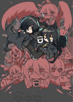 6+girls ahoge animal_ears black_gloves black_hair black_jacket black_pantyhose black_shirt black_skirt brown_eyes brown_necktie chibi closed_mouth collared_shirt commentary_request cup gloves grey_background hair_between_eyes highres horse_ears horse_girl horse_tail jacket kawamochi_(kawauti919) long_hair manhattan_cafe_(creeping_black)_(umamusume) manhattan_cafe_(umamusume) mug multicolored_hair multiple_girls multiple_persona necktie off_shoulder open_clothes open_jacket pantyhose pleated_skirt shirt simple_background skirt sleeveless sleeveless_shirt tail textless_version two-tone_hair umamusume v-shaped_eyebrows very_long_hair white_hair