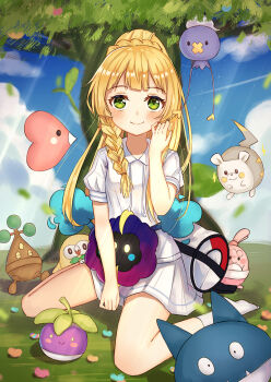 1girl beans blonde_hair blush blush_stickers bonsly bounsweet braid cloud cloudy_sky cosmog day drifblim gen_3_pokemon gen_4_pokemon gen_7_pokemon green_eyes hand_in_own_hair happiny leaf legendary_pokemon legs light_rays lillie_(pokemon) long_hair looking_at_viewer luvdisc munchlax nintendo outdoors pokemon pokemon_(creature) pokemon_sm ponytail ponytail_with_braided_base rowlet school_uniform seiza short_sleeves sitting skirt sky smile socks spoilers togedemaru tree yuhuan