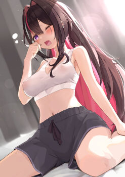 Rule 34 | 1girl, alternate costume, azki (hololive), black shorts, bra, breasts, brown eyes, cleavage, colored inner hair, commentary request, covered erect nipples, curtains, day, hair between eyes, hair intakes, highres, hololive, indoors, large breasts, long hair, looking at viewer, multicolored hair, navel, one eye closed, open mouth, pink hair, purple eyes, shara (syara so ju), shorts, solo, underwear, virtual youtuber, white bra, white hair, yawning