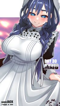 1girl alternate_costume apron black_dress blue_eyes blue_hair braid dress enmaided frilled_apron frills highres hololive hololive_english knight_of_jack long_hair low_twin_braids maid maid_apron maid_headdress official_alternate_costume official_alternate_hairstyle ouro_kronii ouro_kronii_(maid) puffy_sleeves twin_braids virtual_youtuber waist_apron white_apron wrist_cuffs