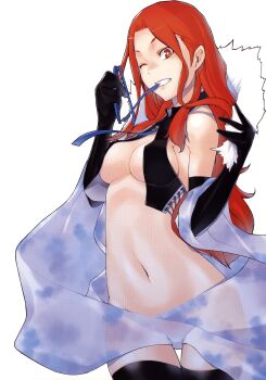 10s 1girl black_gloves bottomless breasts cleavage convenient_censoring devil_survivor_(series) devil_survivor_2 elbow_gloves female_focus fur glasses gloves groin highres kujou_hinako long_hair looking_at_viewer matching_hair/eyes navel official_art red_eyes red_hair solo source_request striped_background tagme thighhighs underboob yasuda_suzuhito