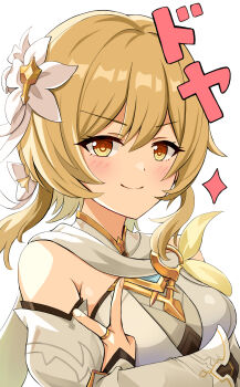 1girl blonde_hair blush closed_mouth commentary_request flower genshin_impact hair_flower hair_ornament highres kuroganeruto looking_at_viewer lumine_(genshin_impact) medium_hair simple_background smile solo v white_background white_flower yellow_eyes