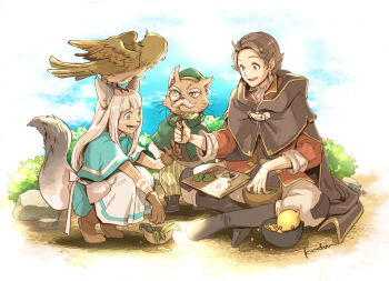 1boy 1girl :d animal_ears animal_nose blue_capelet boots bowl brown_boots brown_cape brown_gloves cape capelet cat character_request commentary_request dark-skinned_female dark_skin day full_body gloves holding kachidama leaf long_sleeves ochette_(octopath_traveler) octopath_traveler open_mouth outdoors pants red_shirt shirt signature sitting skirt smile squatting tail white_pants white_skirt