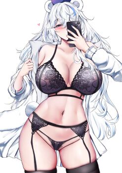 1girl absurdres animal_ears arknights bear_ears bear_girl bear_tail black_bra black_garter_belt black_panties black_thighhighs blue_hair blue_nails blush bra breasts character_request collarbone copyright_request female_pubic_hair garter_belt heart highres holding holding_phone kokihanada linea_alba long_hair multicolored_hair navel open_clothes open_shirt panties phone pubic_hair purple_eyes rosa_(arknights) shirt solo streaked_hair tail thighhighs underwear white_hair white_shirt