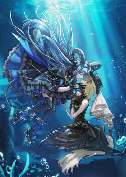 2girls air_bubble animal_ears arknights bang_dream! bang_dream!_it's_mygo!!!!! black_boots black_dress black_gloves black_hat black_thighhighs blonde_hair blue_hair boots bubble commentary demon_horns demon_tail dog_ears dog_girl dog_tail dress eye_contact flower_stand_art gloves hair_ornament hairclip hand_on_another's_face hat highres horns kemonomimi_mode long_hair looking_at_another medium_hair misumi_uika misumi_uika_(caged_singer) multiple_girls parted_lips purple_eyes rhapsode smile tail thighhighs togawa_sakiko togawa_sakiko_(master_of_melodia) underwater yuri