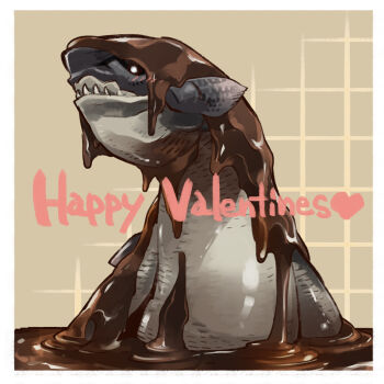 Rule 34 | blush, border, bright pupils, brown background, chocolate, chocolate on body, commentary, commentary request, english commentary, fins, food on body, fuse ryuuta, grid background, happy valentine, heart, jyuratodus, mixed-language commentary, monster, monster focus, monster hunter: world, monster hunter (series), no humans, partially submerged, sharp teeth, solo, teeth, white border, white pupils