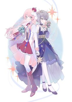 2girls absurdres bang_dream! bang_dream!_it&#039;s_mygo!!!!! black_shoes blue_dress boots brown_boots brown_eyes chihaya_anon chinese_commentary closed_mouth coat commentary_request commission crown detached_sleeves dress flower gloves grey_eyes grey_hair highres holding holding_flower holding_hands interlocked_fingers long_sleeves mini_crown multiple_girls open_mouth pants pants_under_skirt pantyhose pink_hair red_skirt shoes short_hair simoco skirt takamatsu_tomori white_coat white_gloves white_pants white_pantyhose yuri