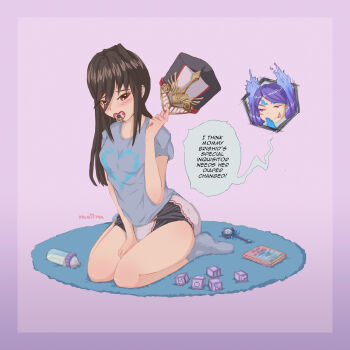 Rule 34 | 2girls, adult baby, baby bottle, blocks, book, bottle, brighid (xenoblade), diaper, english text, fire, hat, highres, long hair, military, military hat, milkii-tea, morag ladair (xenoblade), multiple girls, nintendo, no pants, no shoes, pacifier, purple background, purple hair, rattle, simple background, smile, socks, underwear, xenoblade chronicles (series), xenoblade chronicles 2