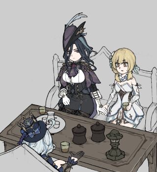 3girls absurdres antique_firearm ascot black_corset blonde_hair blue_ascot blue_cape blue_hat blue_trim blunt_ends buttons cape clorinde_(genshin_impact) commentary_request corset dress drill_hair drill_sidelocks epaulettes feather_hair_ornament feathers firearm flower fold-over_gloves framed_breasts furina_(genshin_impact) genshin_impact gloves gun hair_between_eyes hair_flower hair_ornament hat hat_feather highres long_hair_between_eyes lumine_(genshin_impact) multicolored_flower multicolored_hair multiple_girls pantyhose partially_fingerless_gloves pencil_skirt purple_ascot romper scarf shirt short_hair_with_long_locks sidelocks skirt streaked_hair taut_clothes taut_shirt top_hat tricorne vision_(genshin_impact) wakoo weapon white_dress white_flower white_romper white_scarf yellow_eyes