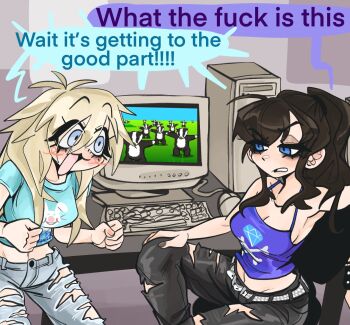 2girls :3 badger bags_under_eyes black_hair black_pants blonde_hair blue_eyes blue_shirt blue_tank_top breasts class_of_09 cleavage commentary computer computer_keyboard computer_mouse computer_tower crt denim emily_(class_of_09) english_commentary english_text feet_out_of_frame grey_background grey_pants hair_between_eyes high_ponytail highres jeans kecchi0 long_bangs long_hair looking_at_another medium_breasts meme midriff multiple_girls navel nicole_(class_of_09) open_mouth pants ponytail print_shirt profanity shirt short_sleeves sitting smile standing table tank_top torn_clothes torn_pants weebl's_stuff