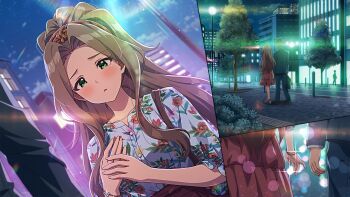 Rule 34 | bracelet, brown hair, building, bush, cloud, floral print, forehead, game cg, green eyes, idolmaster, idolmaster million live!, idolmaster million live! theater days, jewelry, lamppost, nikaido chizuru, official art, panels, pants, ponytail, tree