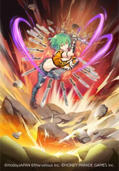 1girl absurdres ass belt breasts butt_crack cleavage copyright_notice denim floating floating_object green_hair highres hikage_(senran_kagura) hobbyjapan jeans knife large_breasts looking_at_viewer machete marvelous midair official_art open_belt pants queen's_blade queen's_blade_unlimited senran_kagura slit_pupils snake_print solo tattoo tongue tongue_out torn_clothes torn_jeans torn_pants yellow_eyes